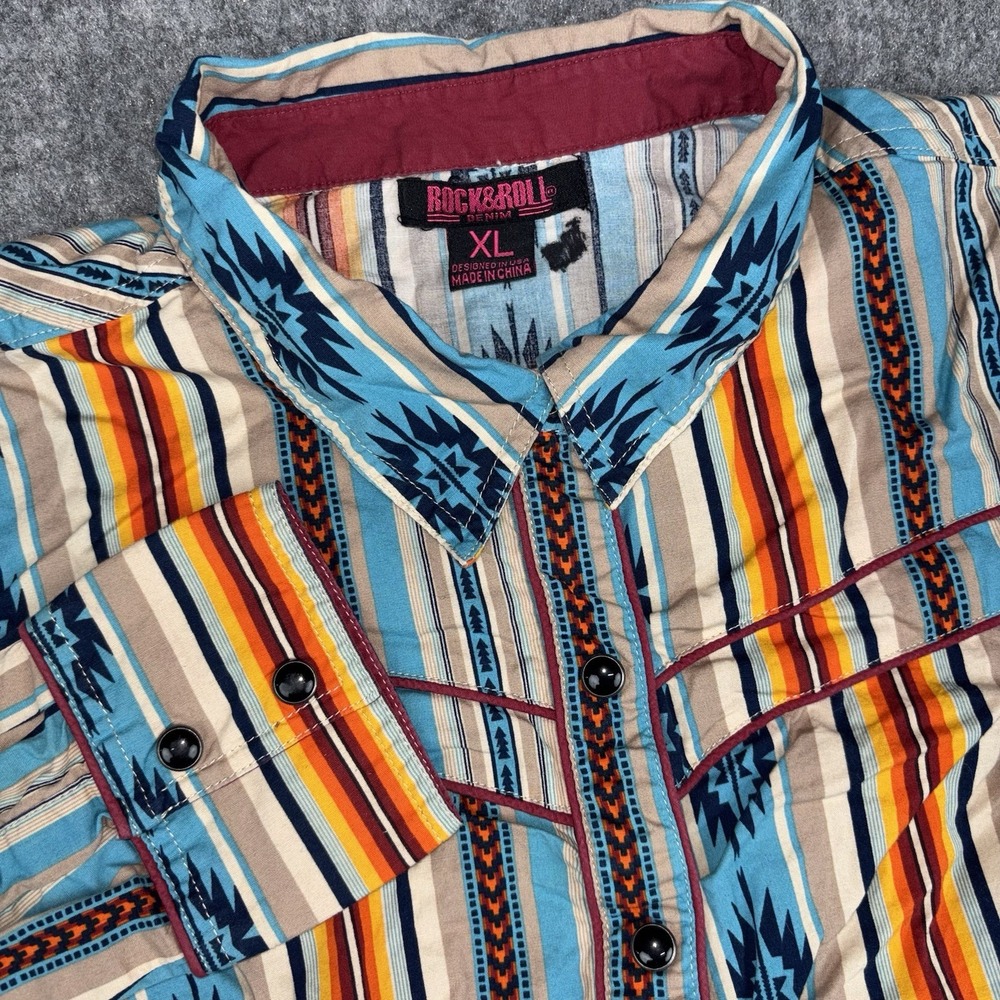 Rock & Roll Denim Shirt Womens XL Western Aztec Pearl Snap Southwestern Colorful